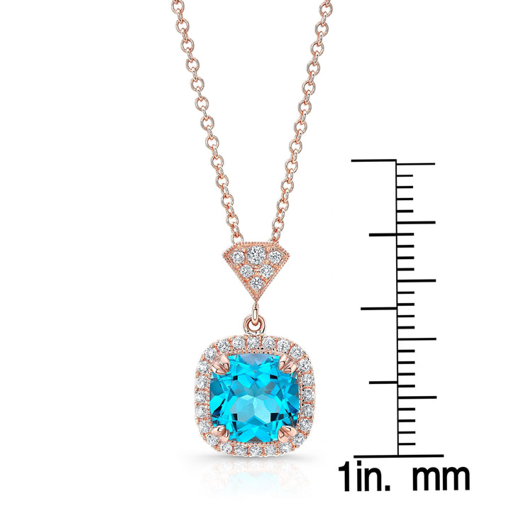 จี้ทรงหมอนบลูโทแพซและฮาโลเพชรในทองกุหลาบ 14k