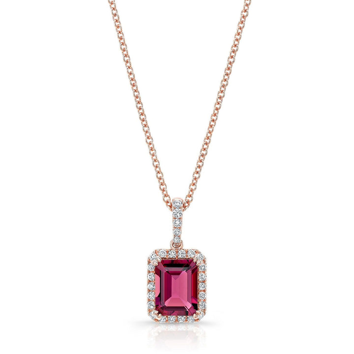 Pink Tourmaline Halo Pendant in 14K Rose Gold – front view | RockHer