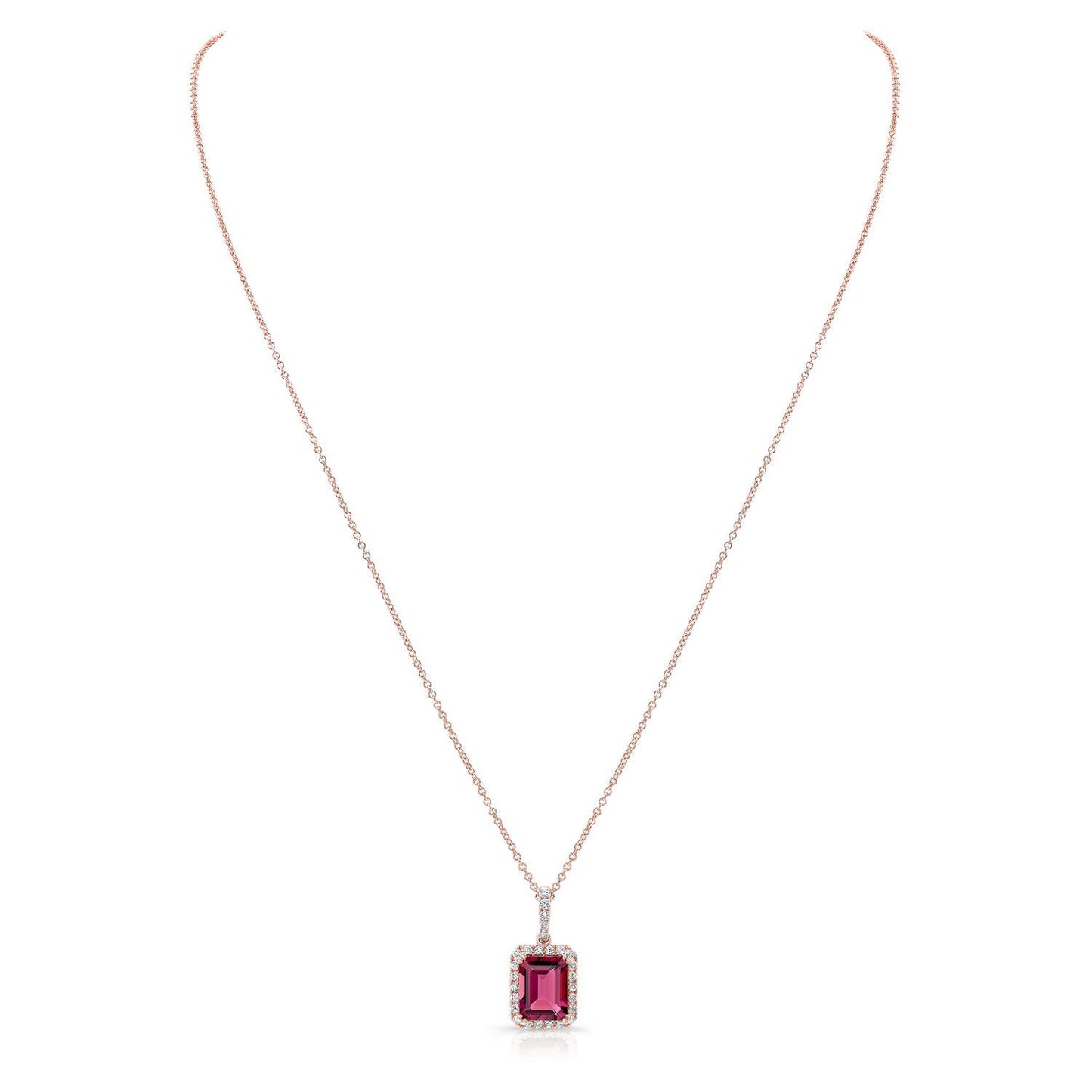 จี้ทัวร์มาลีนสีชมพูแบบตัดทรงมรกตและฮาโลเพชรในทองกุหลาบ 14k