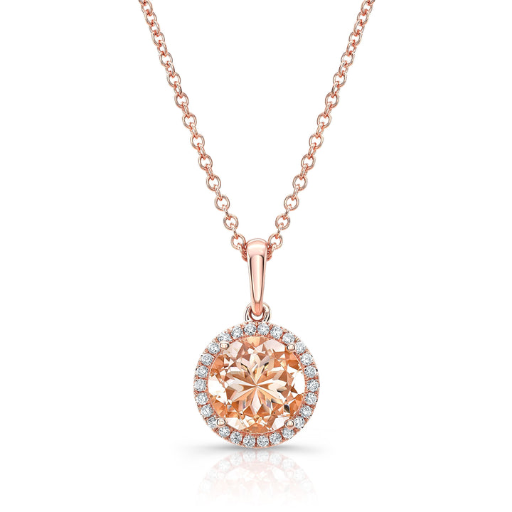 Morganite Round Brilliant Halo Pendant in 14K Rose Gold – front view | RockHer
