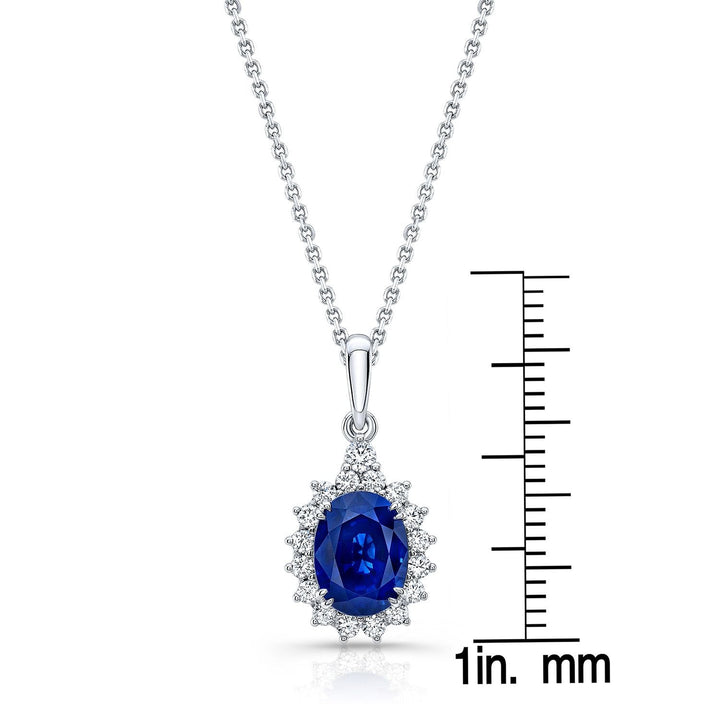 Sapphire Oval And Diamond Halo Frame Pendant In 14k White Gold (8x6mm)