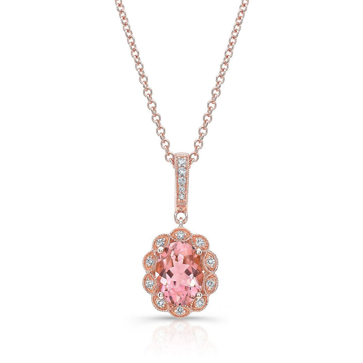 Oval Pink Tourmaline And Diamond Halo Pendant in 14K Yellow Gold (8x6mm), in 14K Rose Gold – front view | RockHer