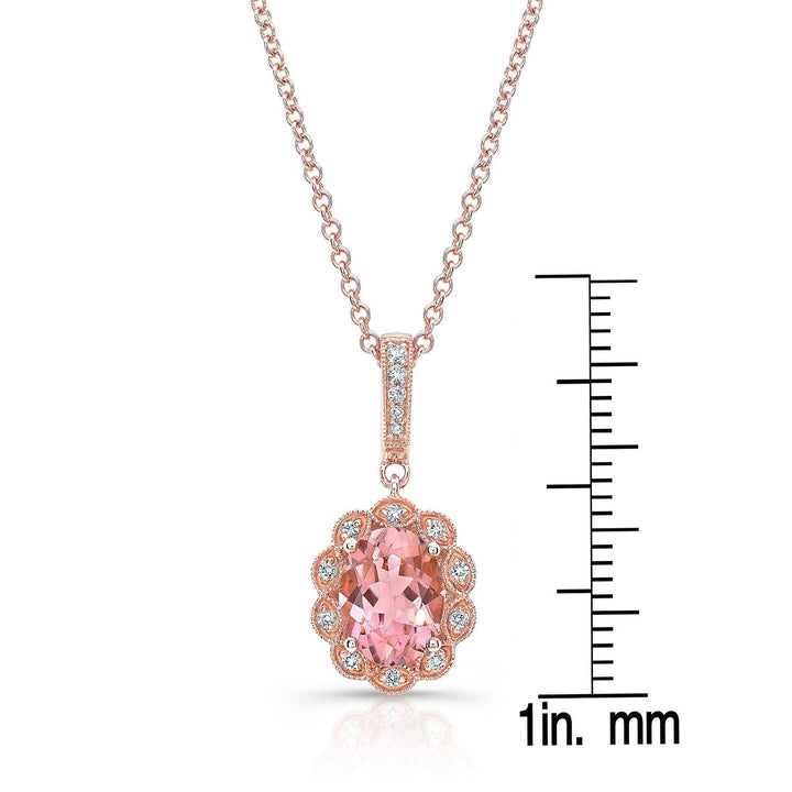 จี้วงแหวนเพชรและทัวร์มาลีนสีชมพูรูปวงรี ขนาด 8x6 มม. ในทองคำเหลือง 14 กะรัต