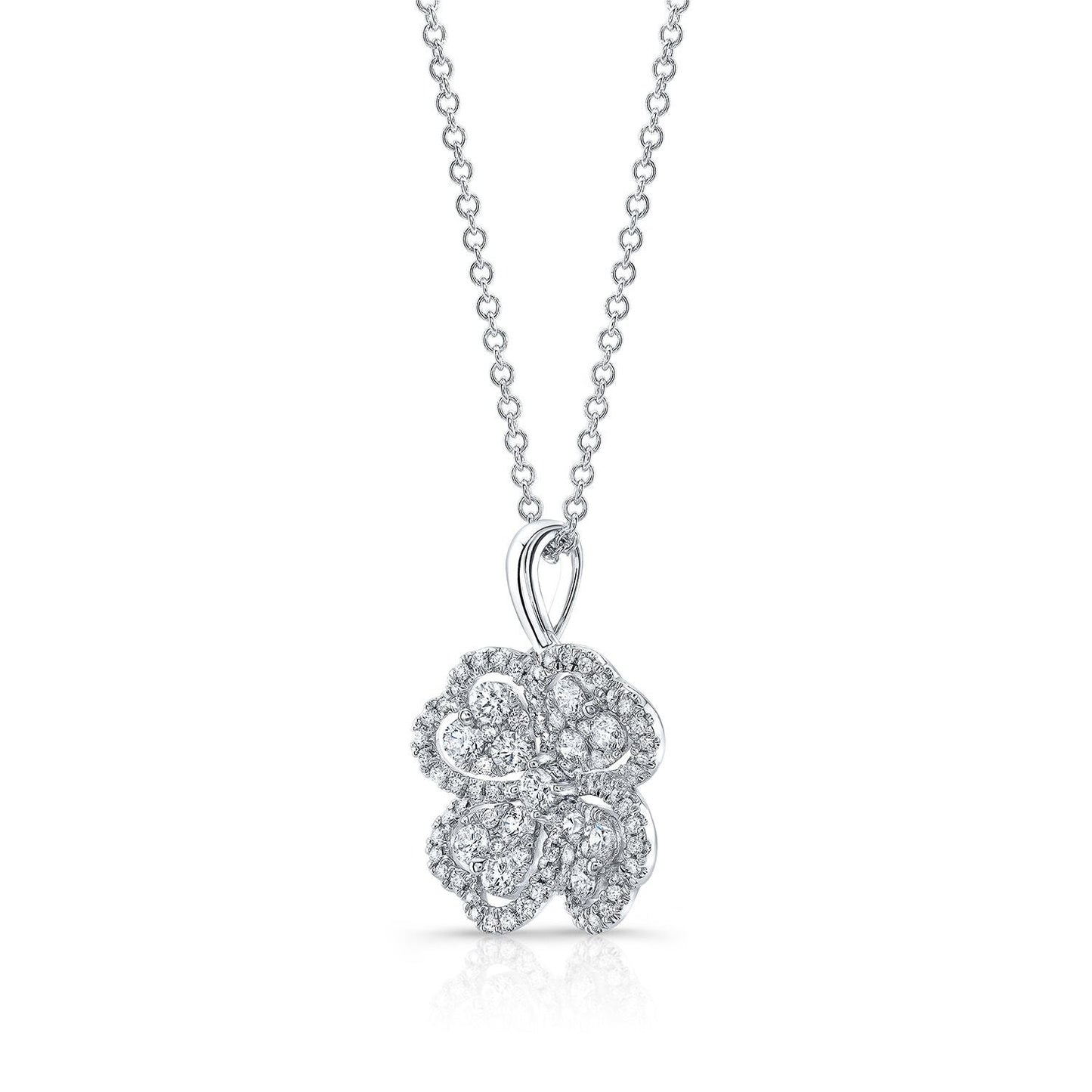 จี้โคลเวอร์ 4 ใบประดับเพชรกลุ่มและไมโครพร็องค์ในทองคำขาว 14k