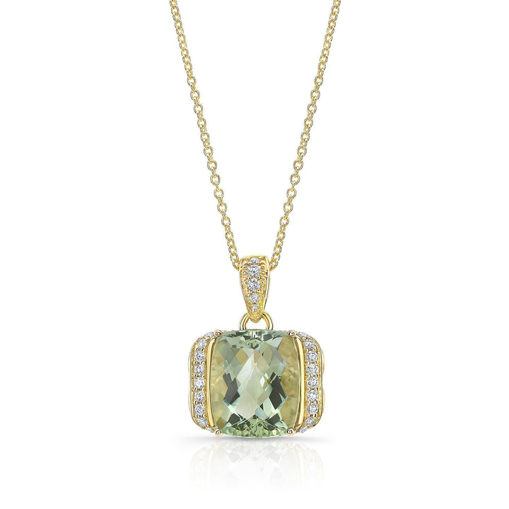 Green Quartz Cushion Halo Pendant in 14K Yellow Gold – front view | RockHer