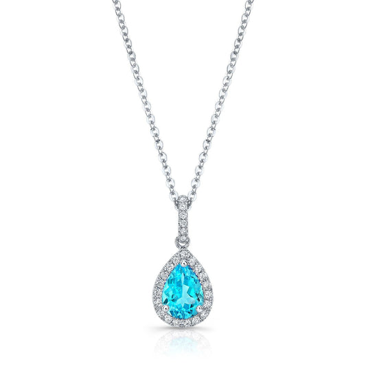 จี้วงแหวนหยดน้ำบลูโทแพซและเพชรพร้อมห่วงบางแบบปาเว่ในทองคำขาว 14 กะรัต 0.12ctw พร้อมสร้อยโซ่โรโล่ปรับความยาวได้ 16-18 นิ้ว