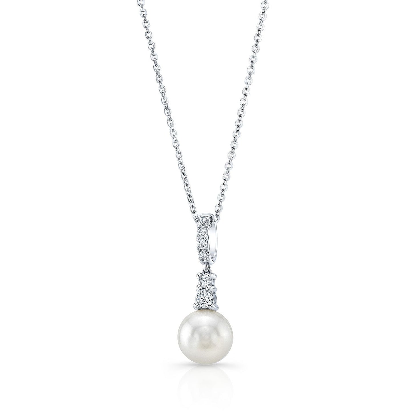 จี้มุกเลี้ยงและเพชรพร้อมตะขอแบบตั้งหนีบไล่ระดับในทองคำขาว 14k (8.0-8.5mm) (si)