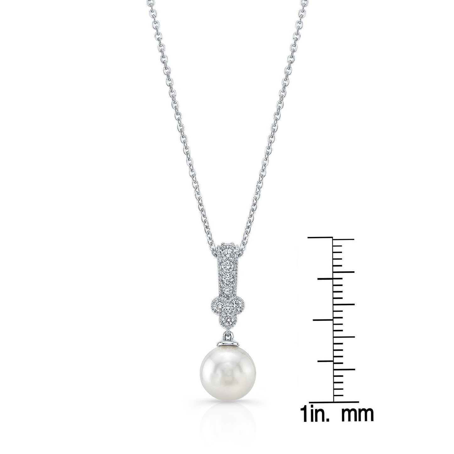 White Pearl And Diamond Drop Pendant With Clover And Pave Millgrained Bail In 14k White Gold (9.0-9.5mm) (si)