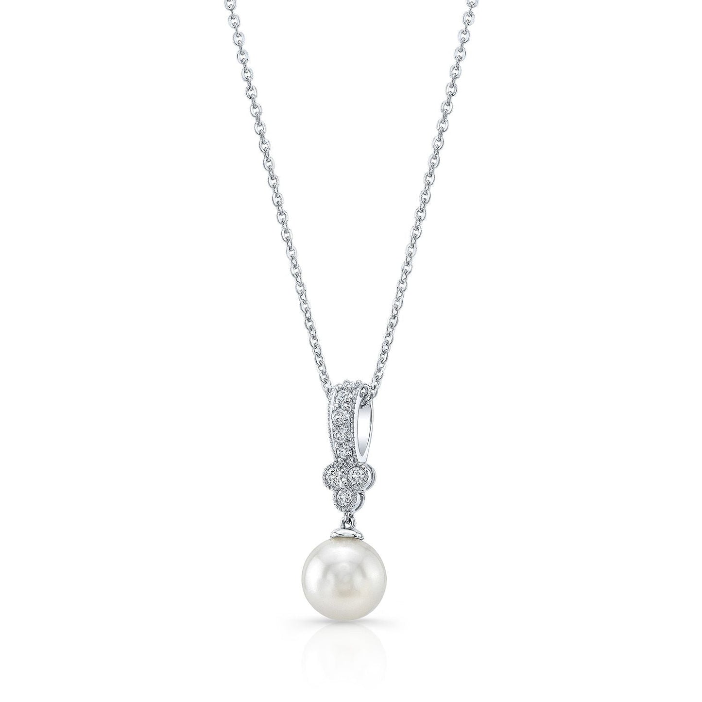 White Pearl And Diamond Drop Pendant With Clover And Pave Millgrained Bail In 14k White Gold (9.0-9.5mm) (si)