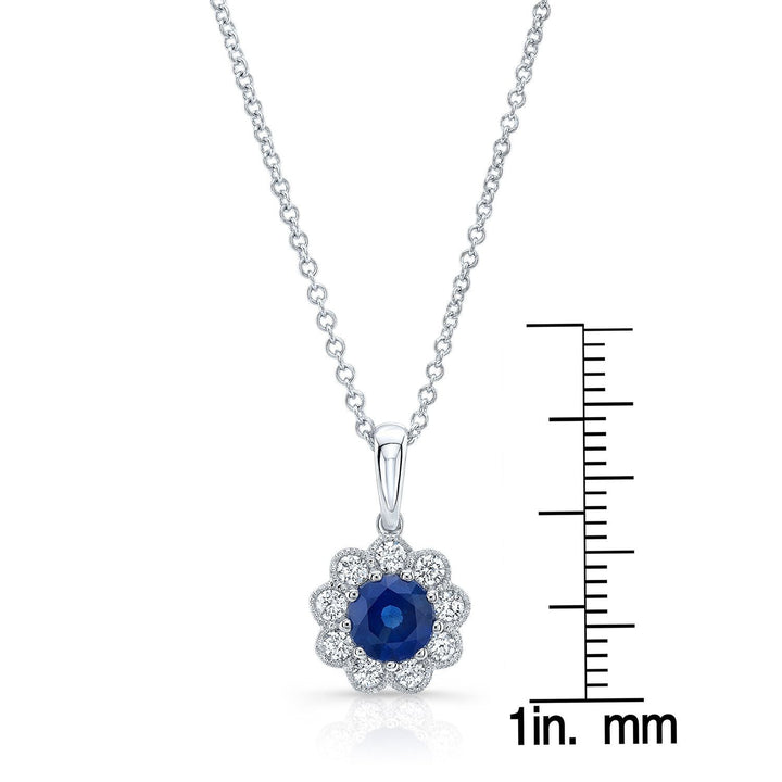 Sapphire And Diamond Floral Pendant With Millgrained Edging And Tapered Bail In 14k White Gold (6mm)