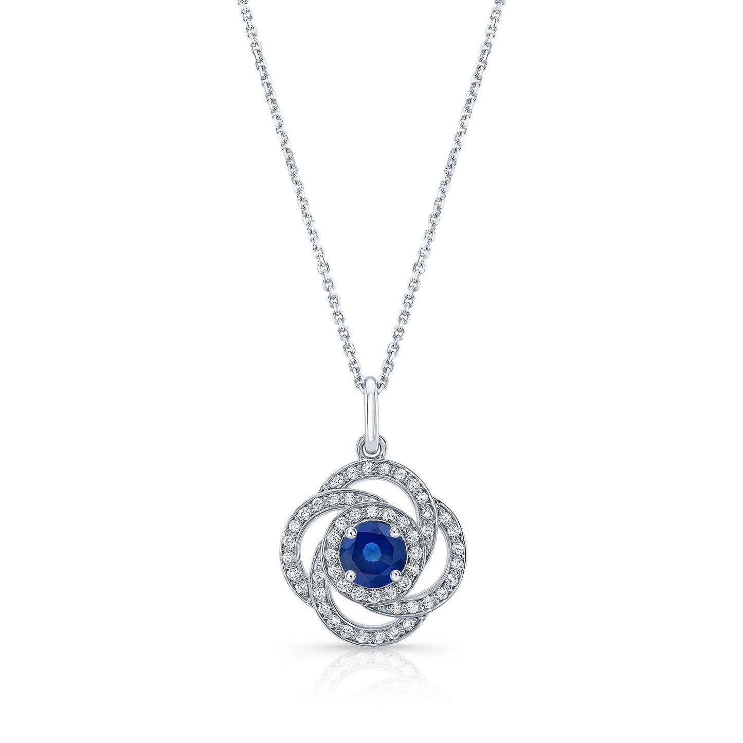 Sapphire And Diamond Round Pendant With Pave Love Knot Frame In 14k White Gold (5.5mm)