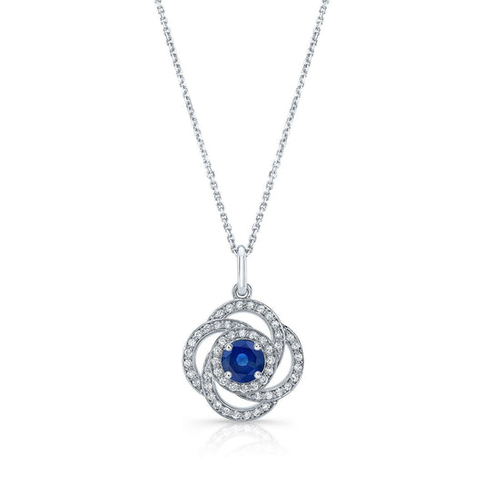 Sapphire And Diamond Round Pendant With Pave Love Knot Frame In 14k White Gold (5.5mm)