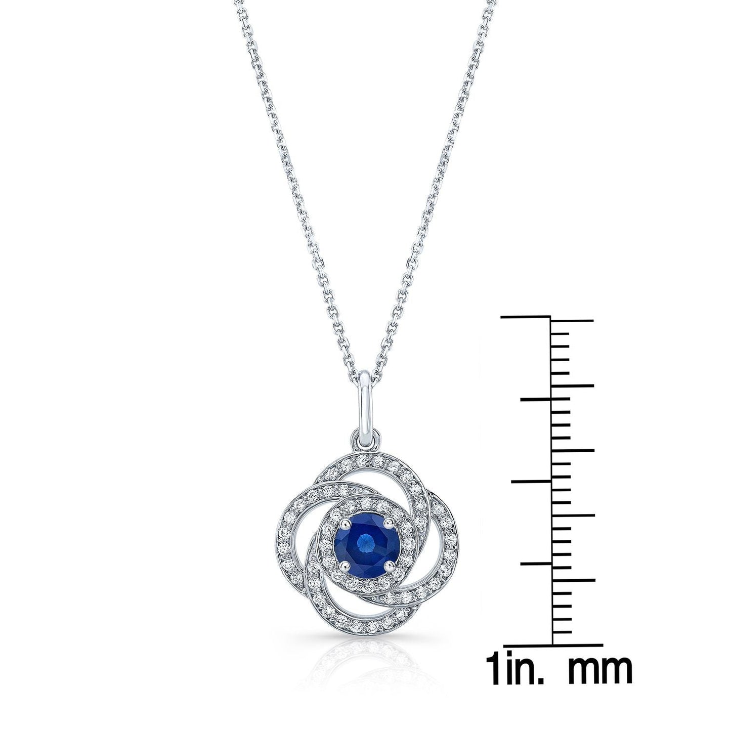 Sapphire And Diamond Round Pendant With Pave Love Knot Frame In 14k White Gold (5.5mm)