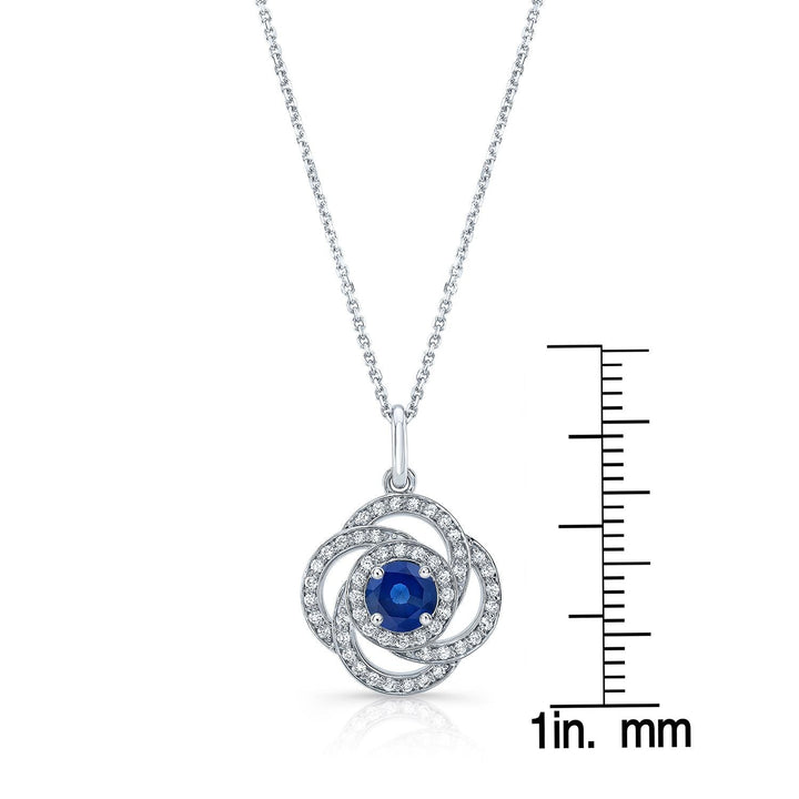 Sapphire And Diamond Round Pendant With Pave Love Knot Frame In 14k White Gold (5.5mm)