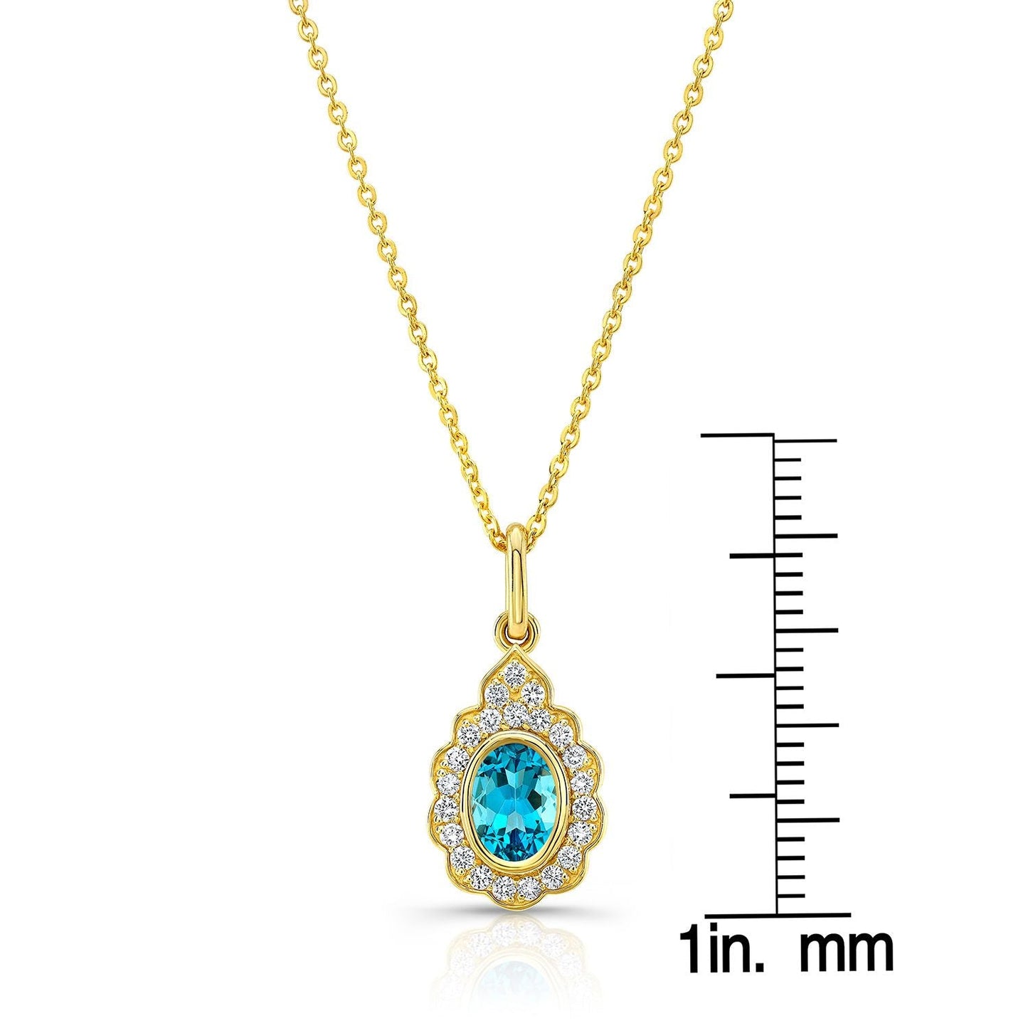 จี้วงรีประดับบลูโทแพซและเพชรแบบขอบพร้อมกรอบหยดน้ำลายคลื่นในทองคำเหลือง 14k (7x5mm) พร้อมสายปรับได้