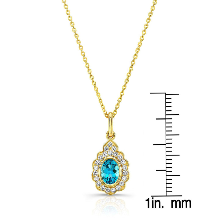 จี้วงรีประดับบลูโทแพซและเพชรแบบขอบพร้อมกรอบหยดน้ำลายคลื่นในทองคำเหลือง 14k (7x5mm) พร้อมสายปรับได้