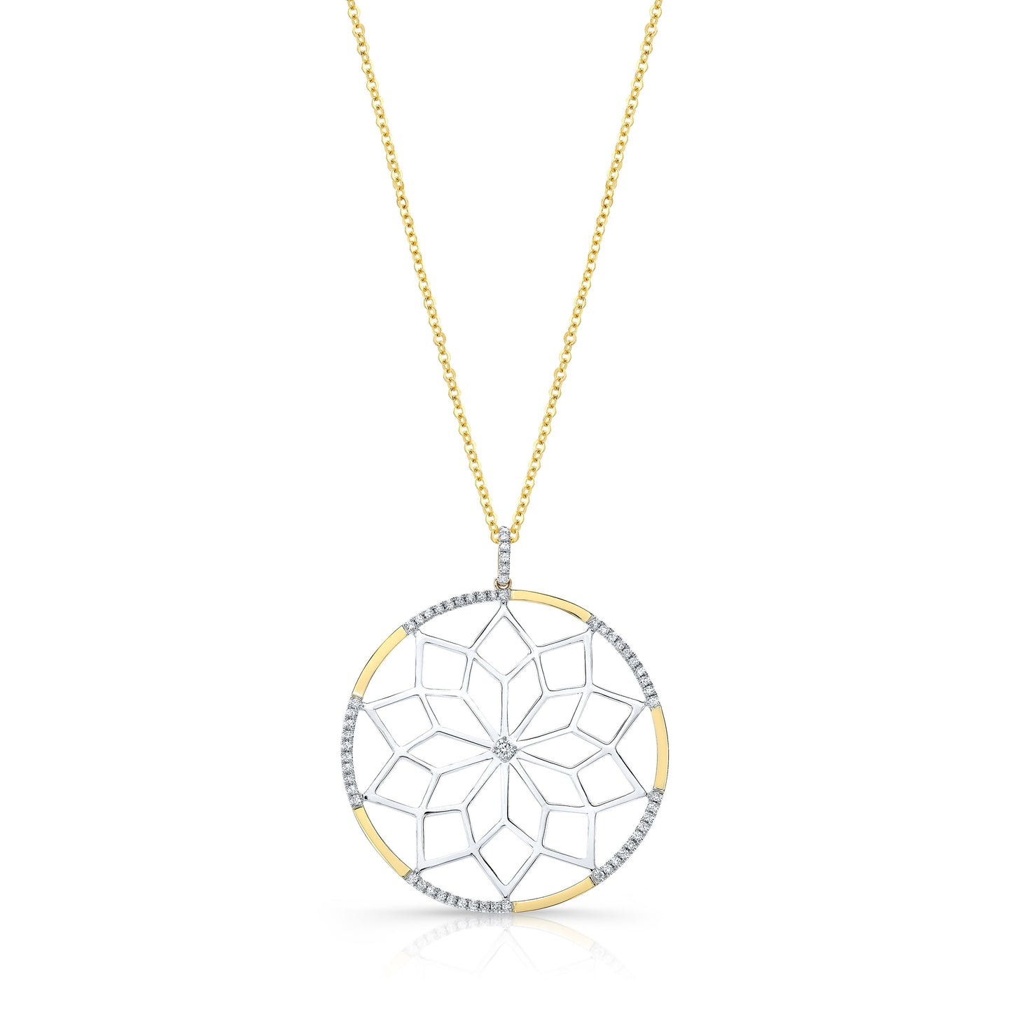 Diamond Snowflake Pendant With Circular Frame in 14k Yellow Gold 0.30ctw, 16-18 Inch Adjustable Rolo Chain – front view | RockHer