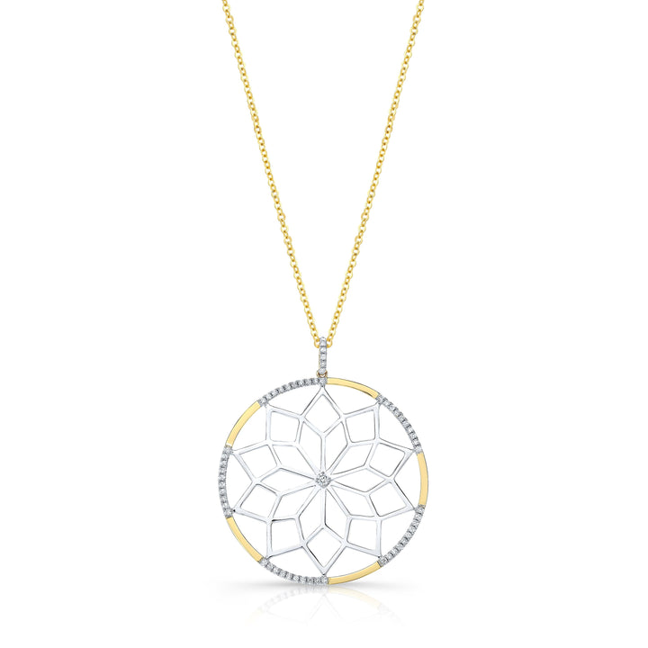 Diamond Snowflake Pendant With Circular Frame in 14k Yellow Gold 0.30ctw, 16-18 Inch Adjustable Rolo Chain – front view | RockHer