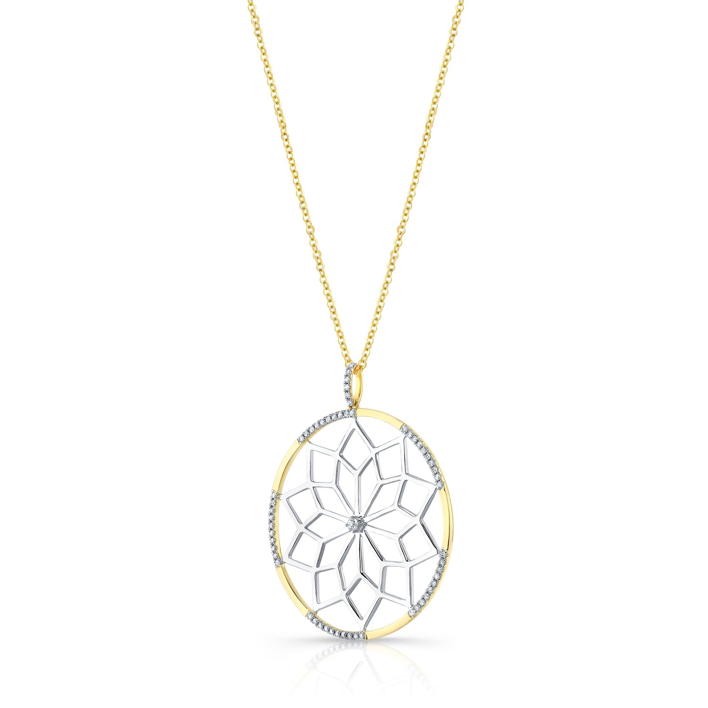 Diamond Snowflake Pendant With Circular Frame in 14k Yellow Gold 0.30ctw, 16-18 Inch Adjustable Rolo Chain – side profile | RockHer