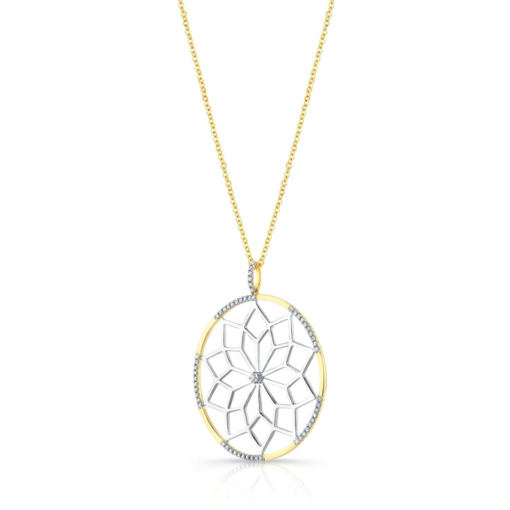 Diamond Snowflake Pendant With Circular Frame in 14k Yellow Gold 0.30ctw, 16-18 Inch Adjustable Rolo Chain – side profile | RockHer