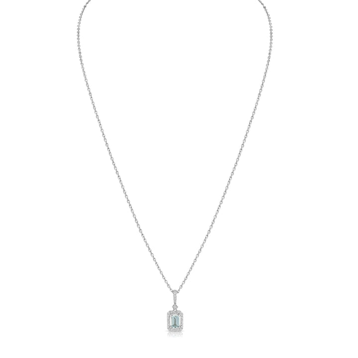 Aquamarine Emerald Cut Halo Pendant in 14k White Gold 0.15ctw – lifestyle shot | RockHer
