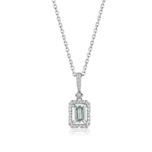 สร้อยคออความารีน ทรงมรกต ล้อมเพชร ตัวเรือนทองคำขาว 14K จาก RockHer
