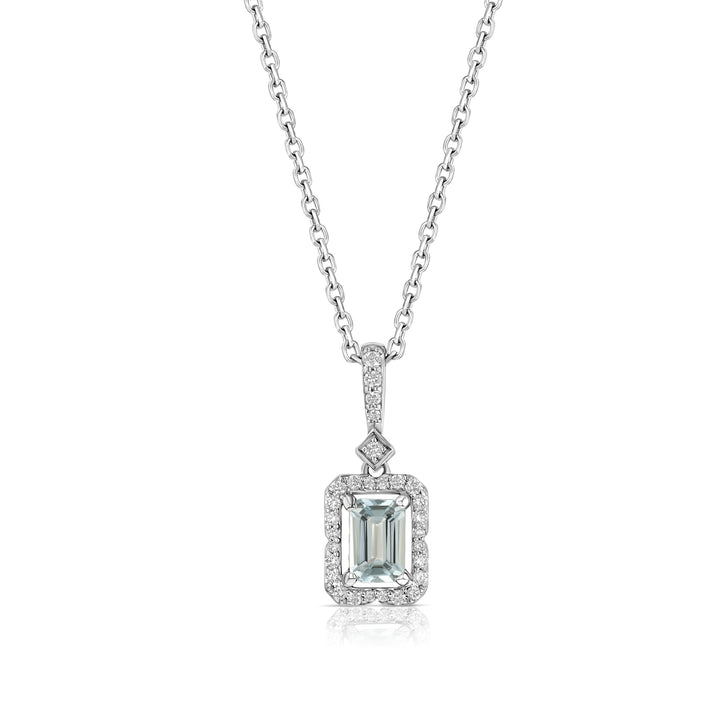 Aquamarine Emerald Cut Halo Pendant in 14k White Gold 0.15ctw – front view | RockHer