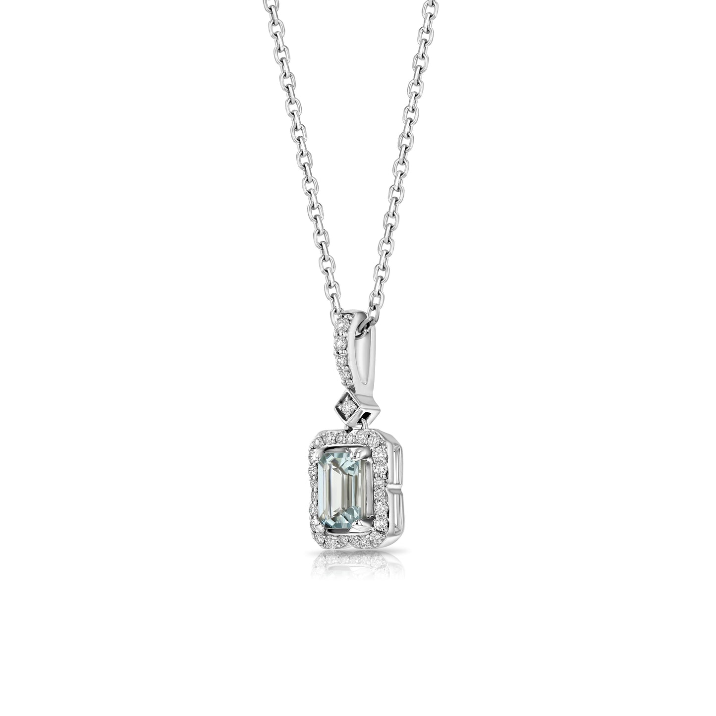 Aquamarine Emerald Cut Halo Pendant in 14k White Gold 0.15ctw – side profile | RockHer