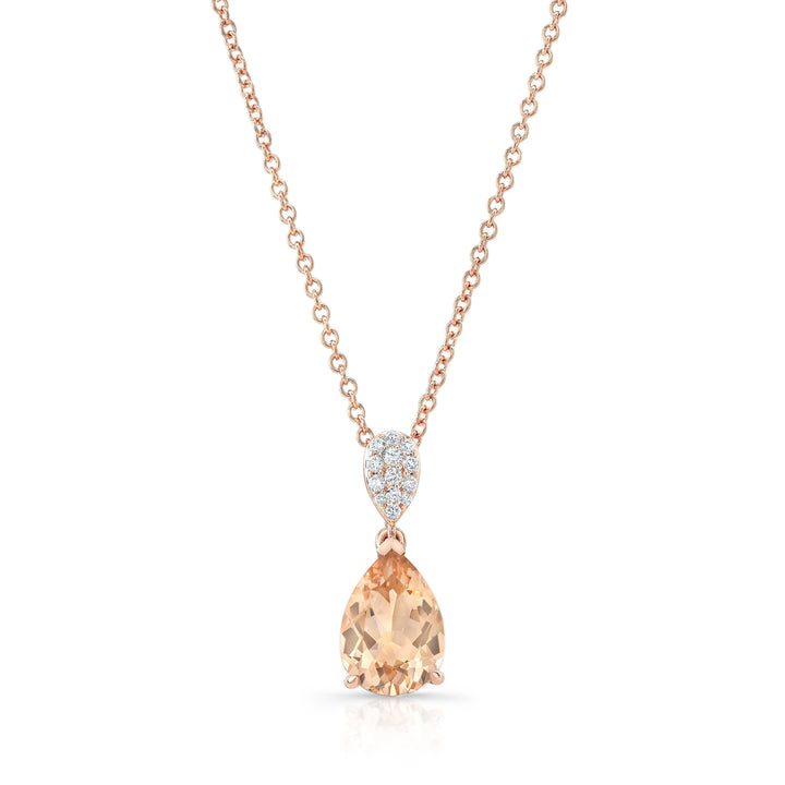 Morganite Pear Shape Pendant in 14K Rose Gold – front view | RockHer