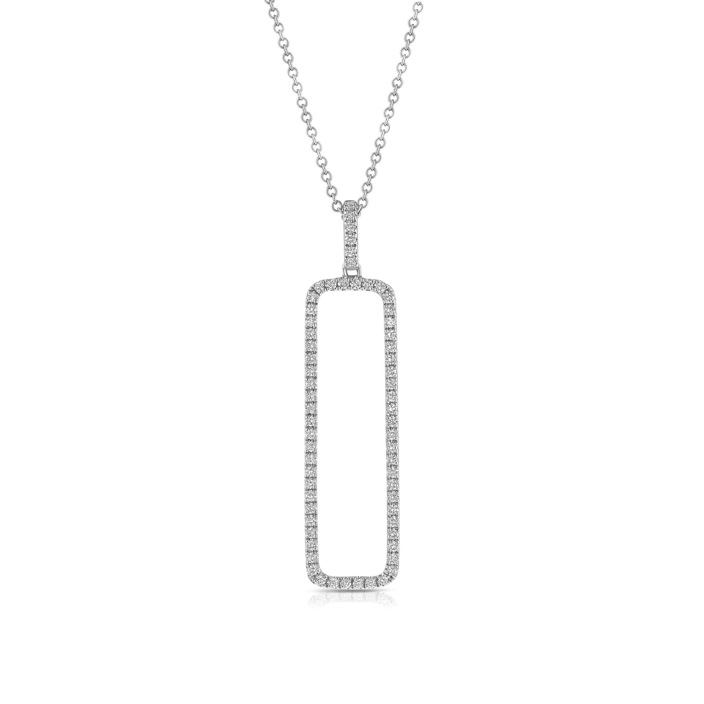 Diamond Open Rectangle Necklace In 14k White Gold 0.42ctw, 18 Inch Rolo Chain – front view | RockHer