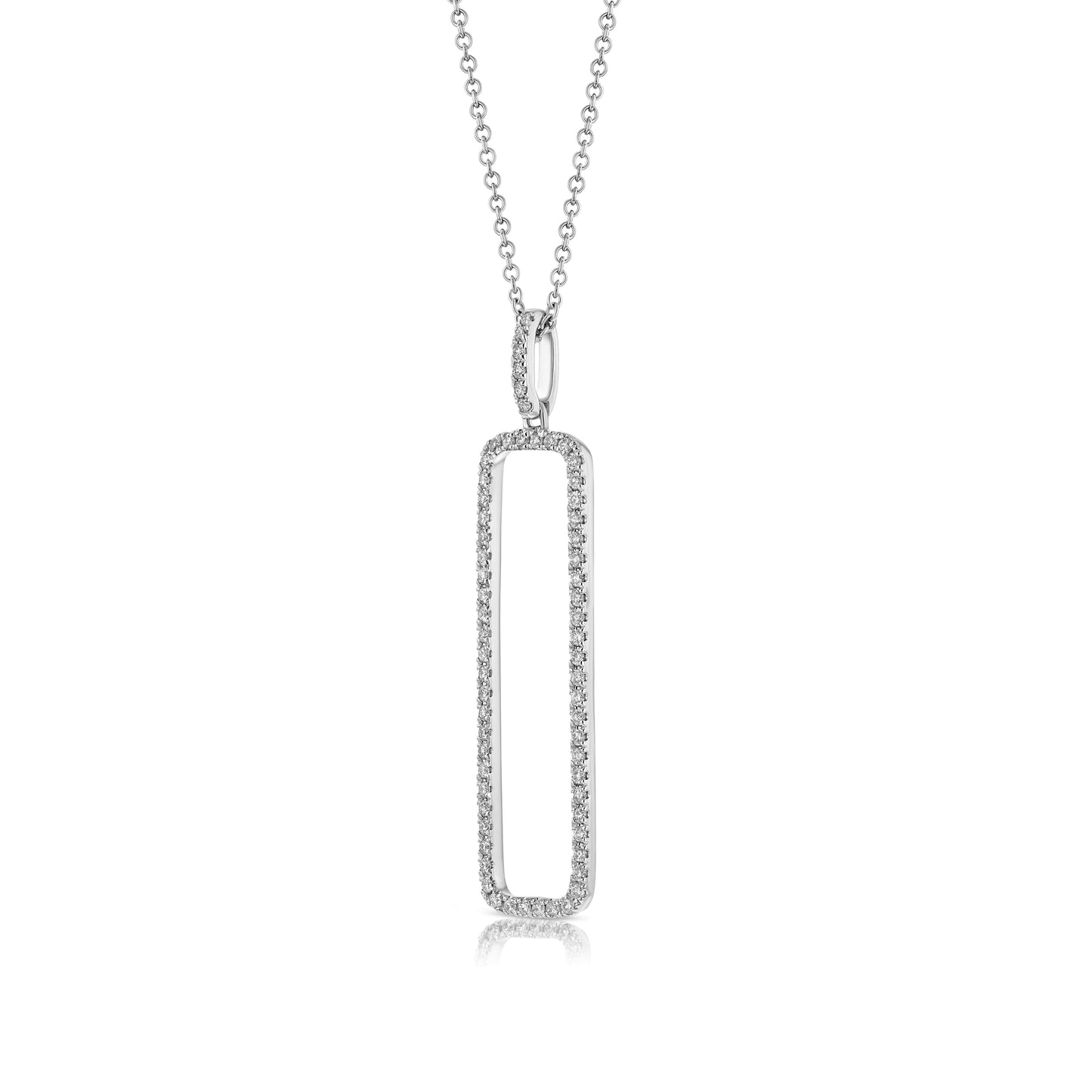 Diamond Open Rectangle Necklace In 14k White Gold 0.42ctw, 18 Inch Rolo Chain – side profile | RockHer