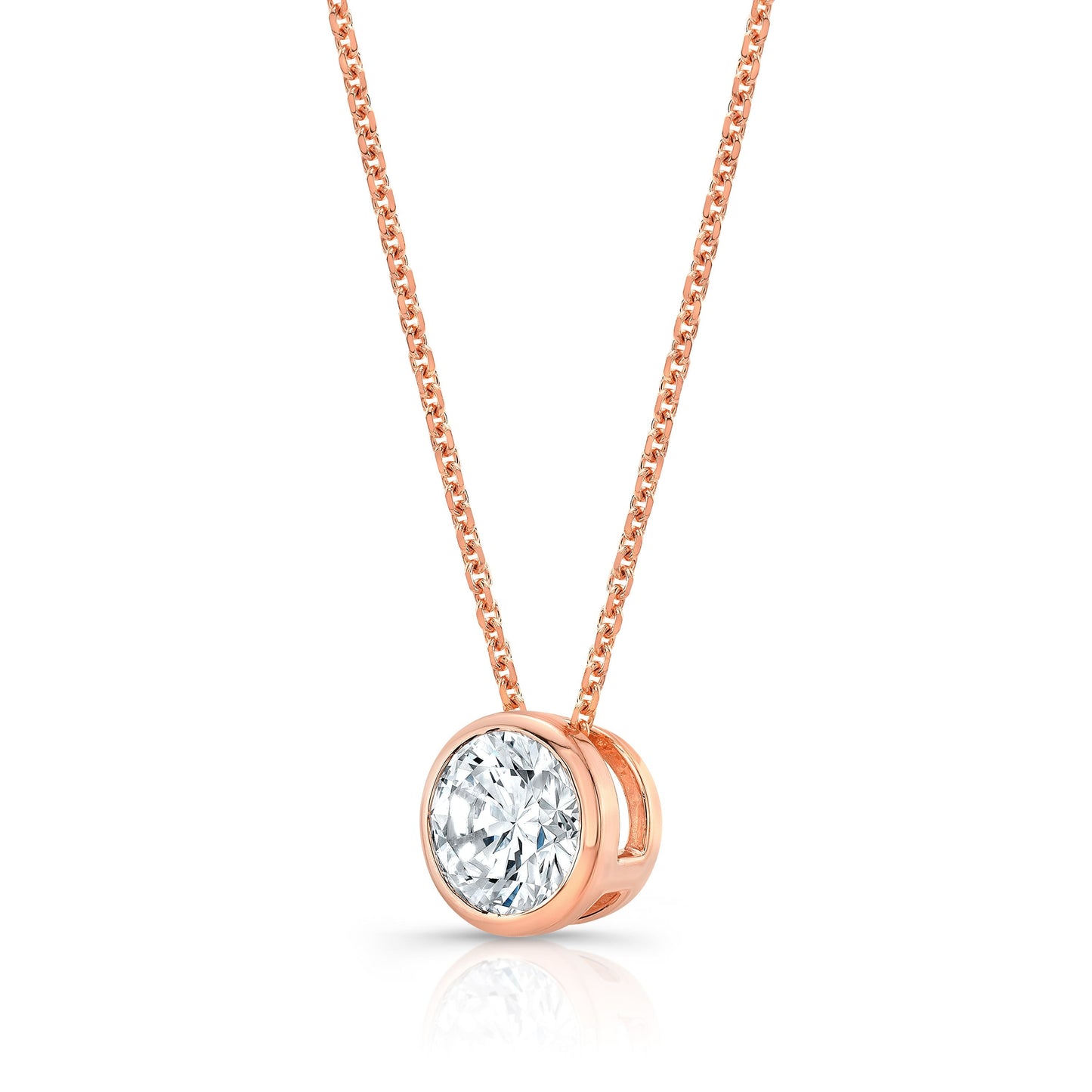 Round (full Cut) Diamond Solitaire Pendant In A 14k Rose Gold Bezel Slide Setting, 1ct. T.w. (hi, Si1-si2)