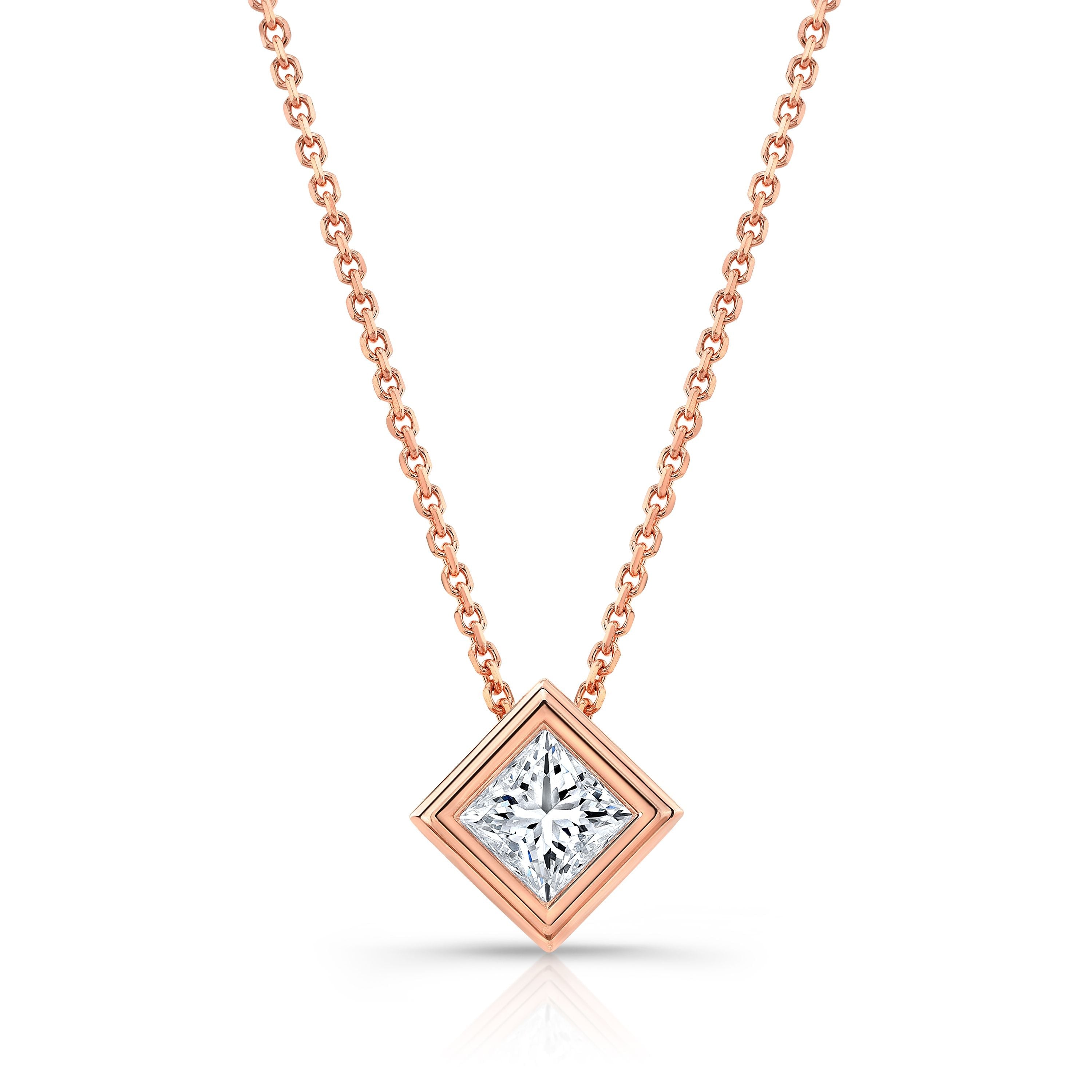 Princess Diamond Solitaire Pendant In A Platinum Bezel Slide Setting, 0.75ct. T.w. (hi, Si1-si2)