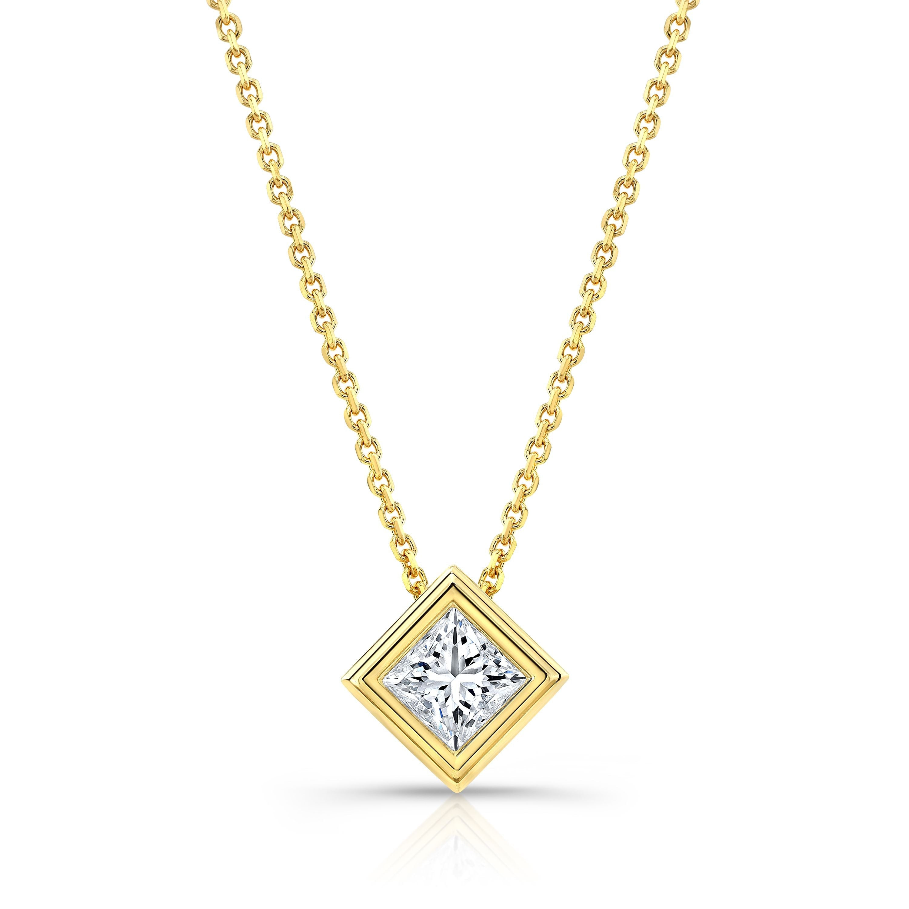จี้เพชร Lab Grown Princess Solitaire ขนาด 3/4 กะรัต | ทองคำ 14K | แบบ Bezel Slide