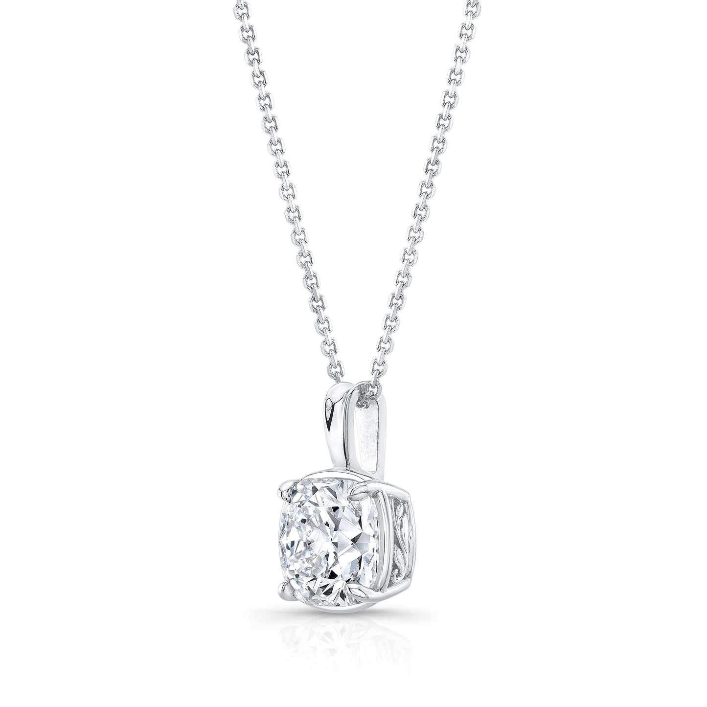 Cushion Diamond Solitaire Pendant In A 14k White Gold 4-prong Leaf Scroll Setting, 3ct. T.w. (hi, Si1-si2)