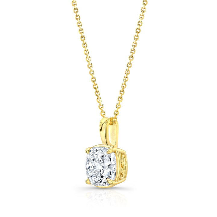 Cushion Diamond Solitaire Pendant In A 14k Yellow Gold 4-prong Leaf Scroll Setting, 3ct. T.w. (hi, Si1-si2)