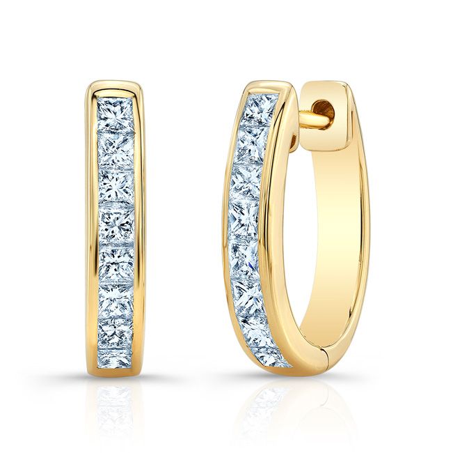 Diamond Princess Cut Channel Hinged Hoop Earrings in 14K Yellow Gold | RockHer