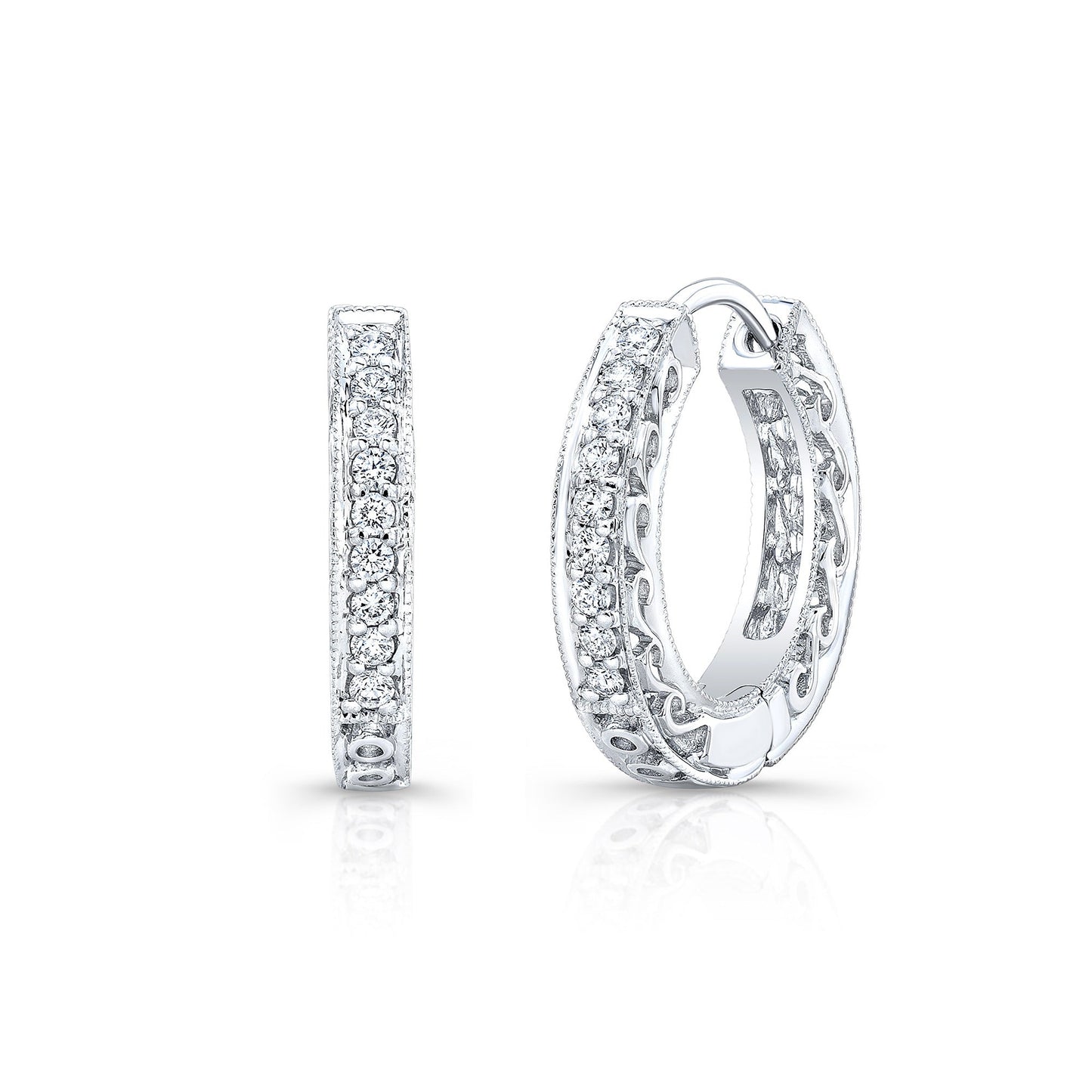 Diamond Hinged Back Filigree Hoop Earrings in 14k White Gold 0.19ctw – side profile | RockHer