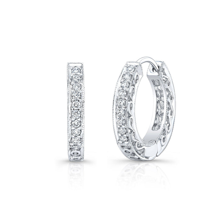 Diamond Hinged Back Filigree Hoop Earrings in 14k White Gold 0.19ctw – side profile | RockHer