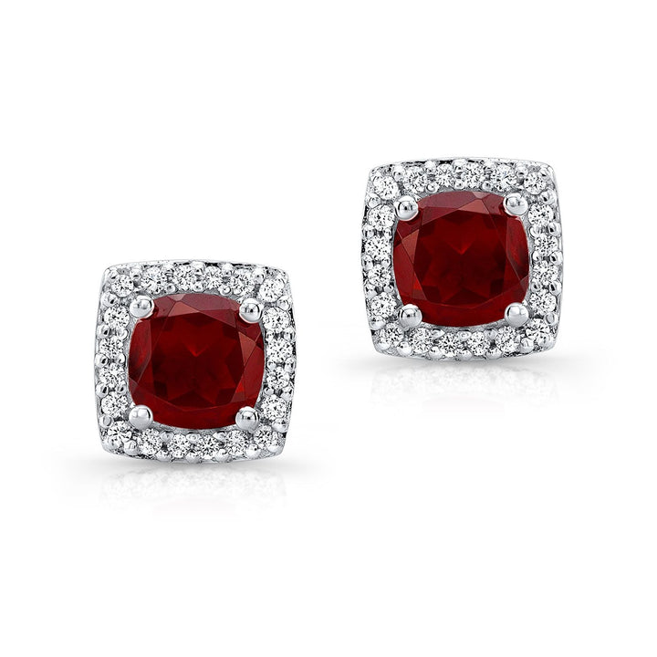 Garnet And Diamond Cushion Halo Earrings In 14k White Gold