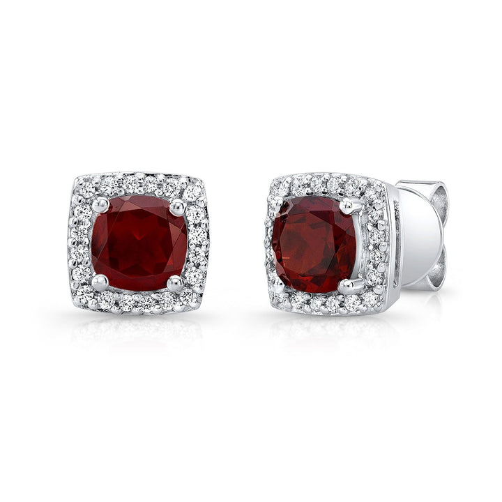 Garnet And Diamond Cushion Halo Earrings In 14k White Gold | RockHer