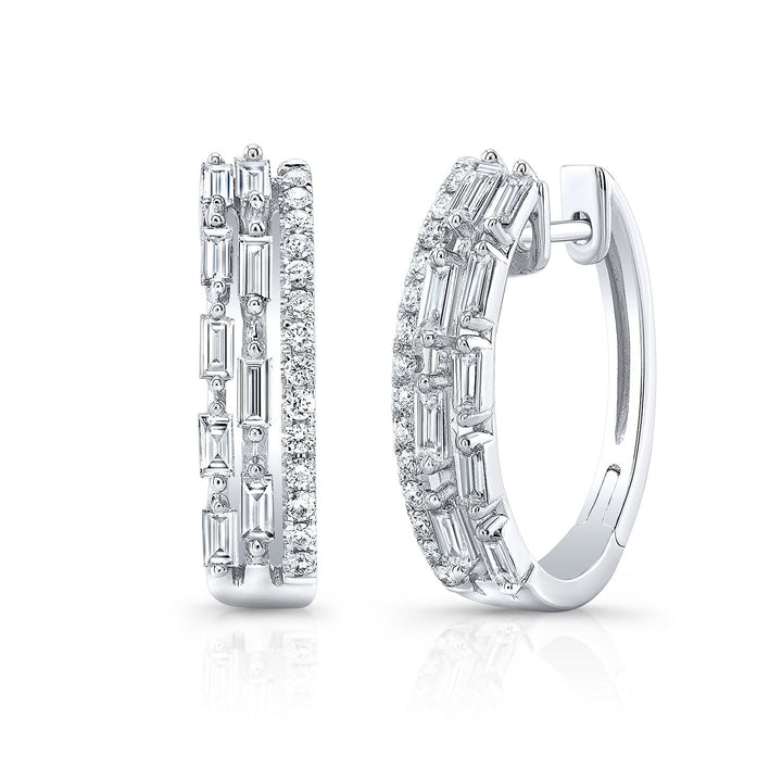 Diamond Baguette And Round Brilliant Multi-row Oval Hinged Hoop Earring in 14K White Gold | RockHer