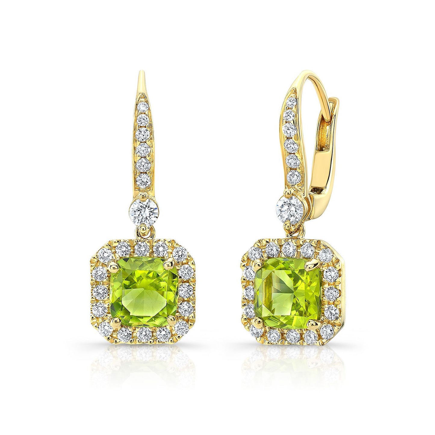 ต่างหูห้อยทรงหมอนประดับเพอริดอตและเพชร พร้อมท็อปแบบปาเว่ในทองคำเหลือง 14 กะรัต (6 มม.)