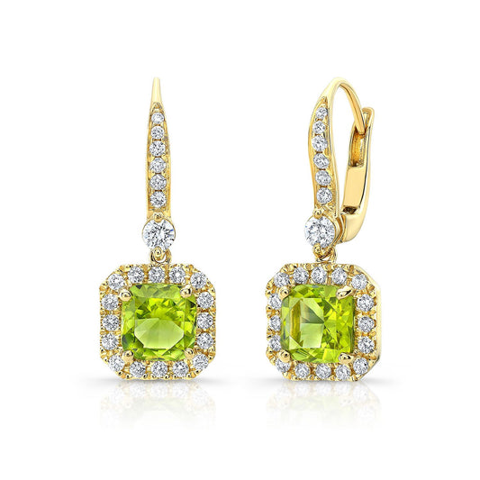 ต่างหูห้อยทรงหมอนประดับเพอริดอตและเพชร พร้อมท็อปแบบปาเว่ในทองคำเหลือง 14 กะรัต (6 มม.)