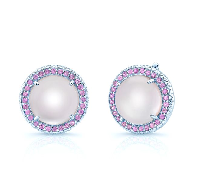 Amethyst Mother Of Pearl And Pink Sapphire Cabochon Hinged Back Earrings In 14k White Gold