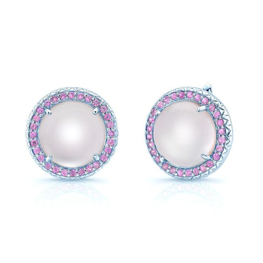 Amethyst Mother Of Pearl And Pink Sapphire Cabochon Hinged Back Earrings In 14k White Gold