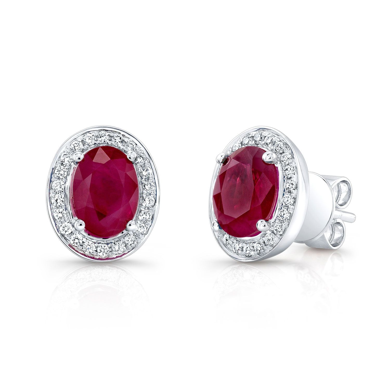 Ruby And Diamond Oval Halo Earrings In 14k White Gold