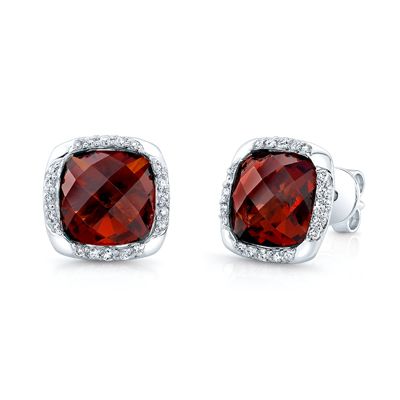 Garnet Cushion Stud Earrings in 14K White Gold | RockHer