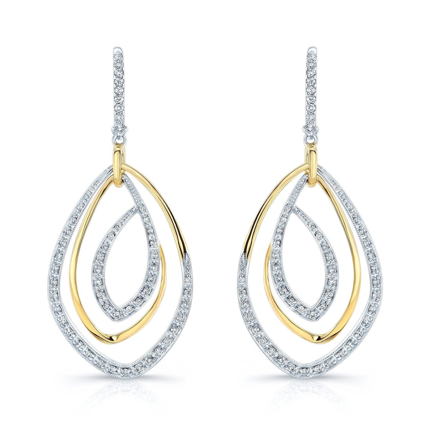 Diamond Overlapping Multi-loop Two Tone Dangle Earrings in 14k Gold 0.50ctw – front view | RockHer