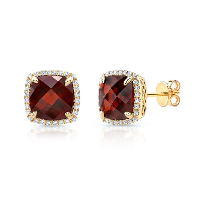 Garnet Cushion Stud Earrings in 14K Yellow Gold | RockHer
